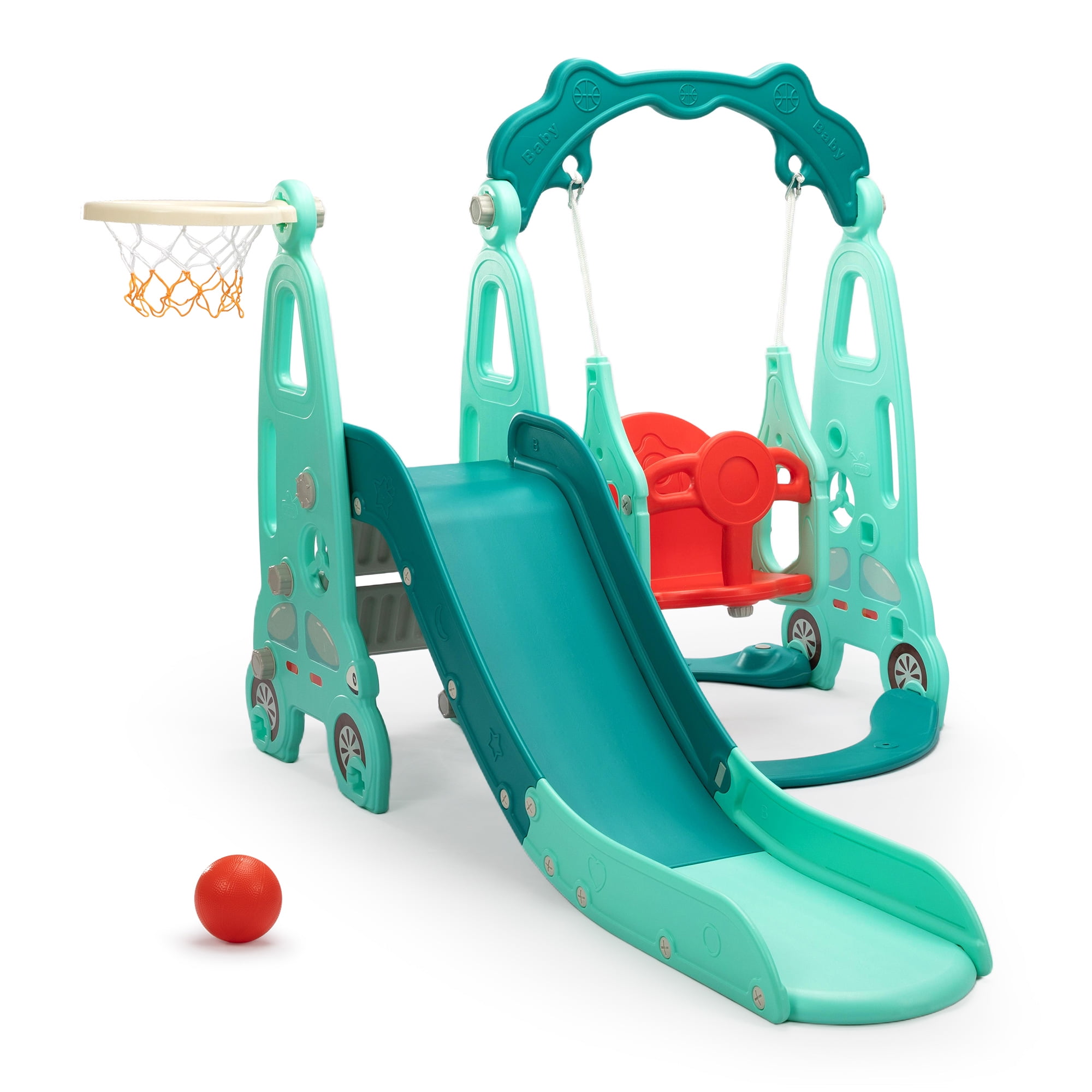 4 in 1 Slide Climber Swing Set, Freestanding Toddler Slide Climber Playset with Basketball Hoop, Toddler Playground Indoor Outdoor, Easy Setup