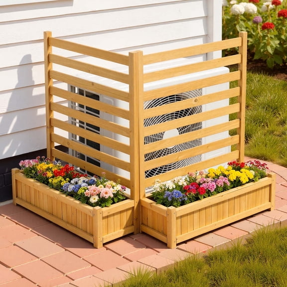 VEVOR Wood Privacy Fence, 36 x 45 inch Air Conditioner Fence, 2 Slatted Panel Solid Outdoor Wood Privacy Screen with 2 Planters, Metal Stakes, Trash Can Hider Fences Suitable for Garden, Pool,Brown