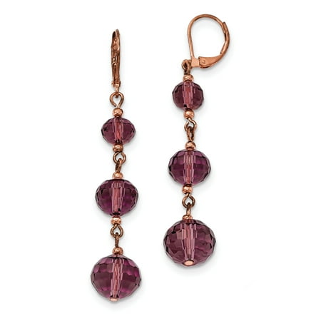 - Leverback Rose-tone Purple Crystal Bead Linear Drop Earrings