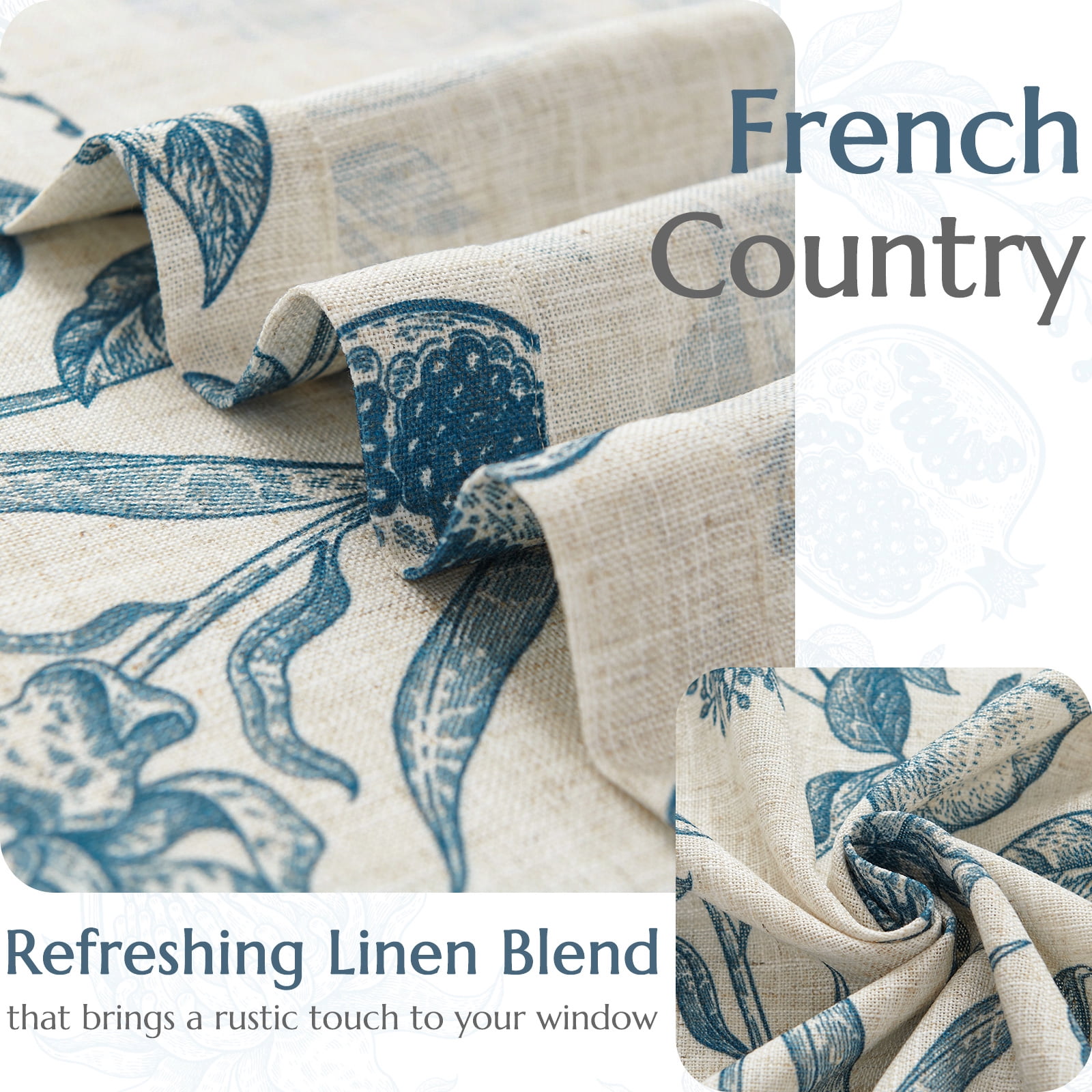 CURTAINKING Linen Curtains Floral Curtains for Living Room 84 Inch Long Blue French Curtains Back Tab Light Filtering Toile Print Farmhouse Bedroom Curtains Window Curtain Set 2 Panels