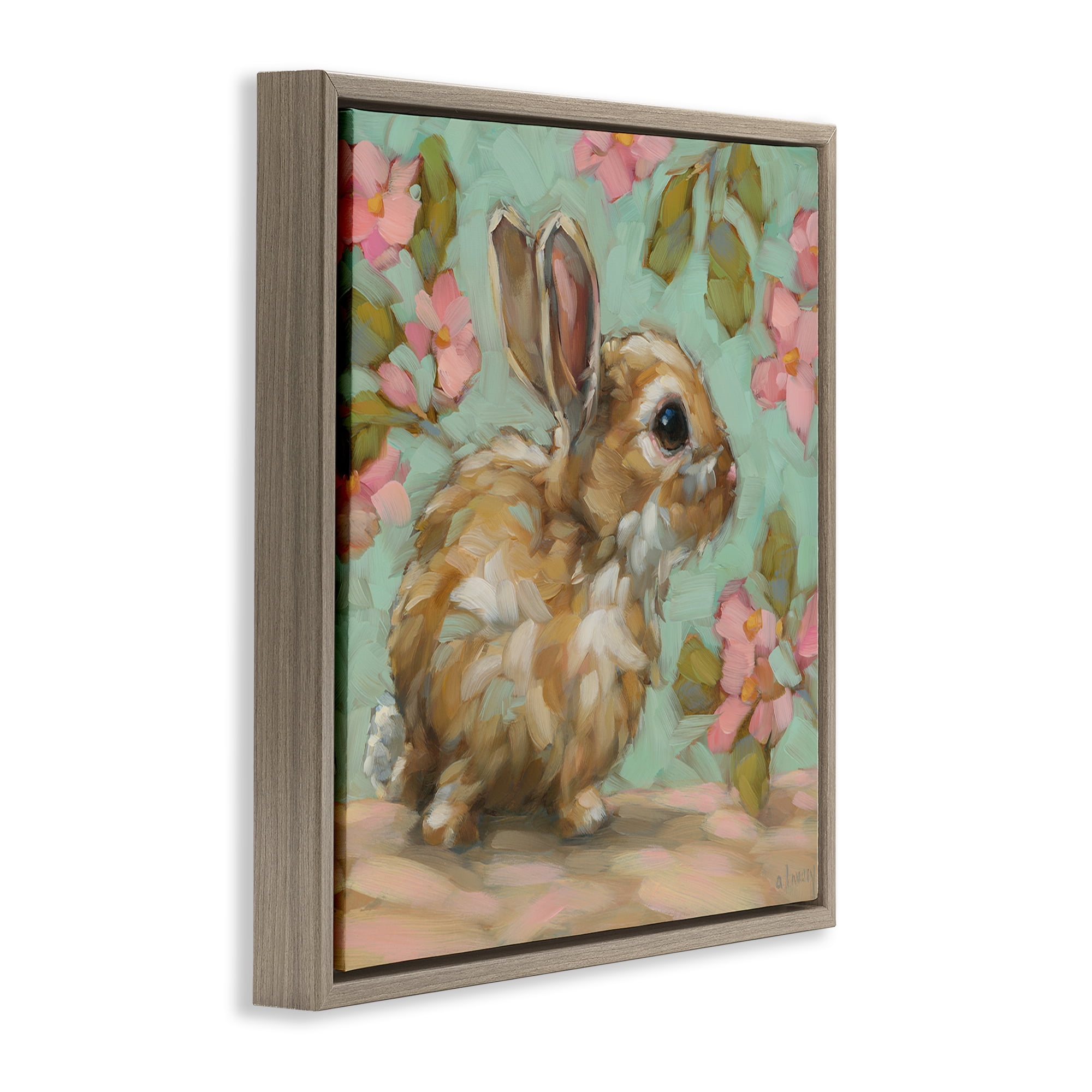 Stupell Industries Baby Bunny & Florals Animals Painting Brown Floater Framed Canvas Art Print Wall Art, 18 x 18