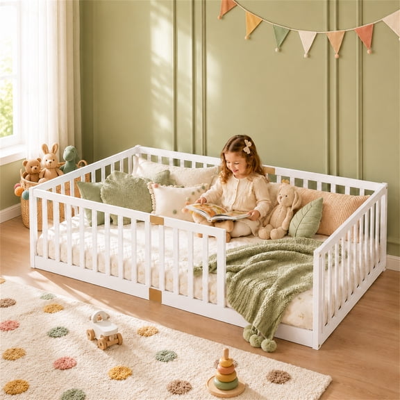 SESSLIFE Twin Montessori Floor Bed Frame with High Rails, Wood Twin Floor Bed with Slats, Low Profile Kids Bed Frame for Boys Girls, No Box Spring Needed, White