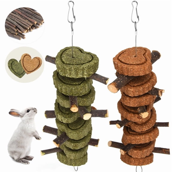 Qweryboo 2 Pcs Rabbit Chew Toys, Bunny Hanging Chew Toys for Teeth, Apple Sticks with Timothy Hay Balls Grass Pets Chew Treats for Hamsters, Rabbits, Chinchilla, Guinea Pigs