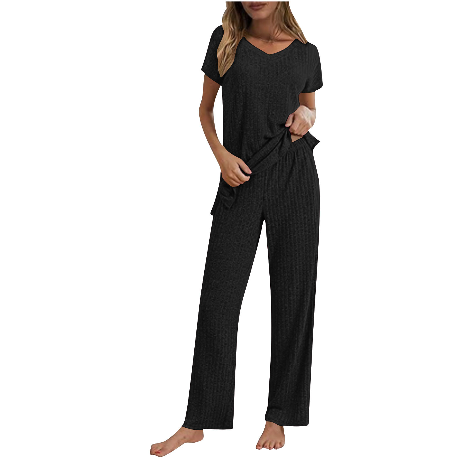 Ensemble De Sport Femme 2 Pièces - Pantalon Droit Et Pull Col V Manches Longues - Tenue Maison Confortable