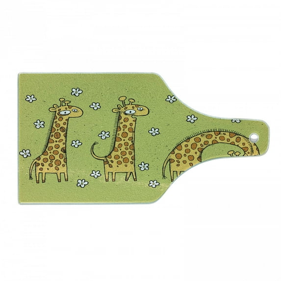 Animal Cutting Board, Hand Drawn Illustration of Giraffes on Background with Flowers, Decorative Tempered Glass Cutting and Serving Board, Wine Bottle Shape, Avocado Green Caramel, by Ambesonne