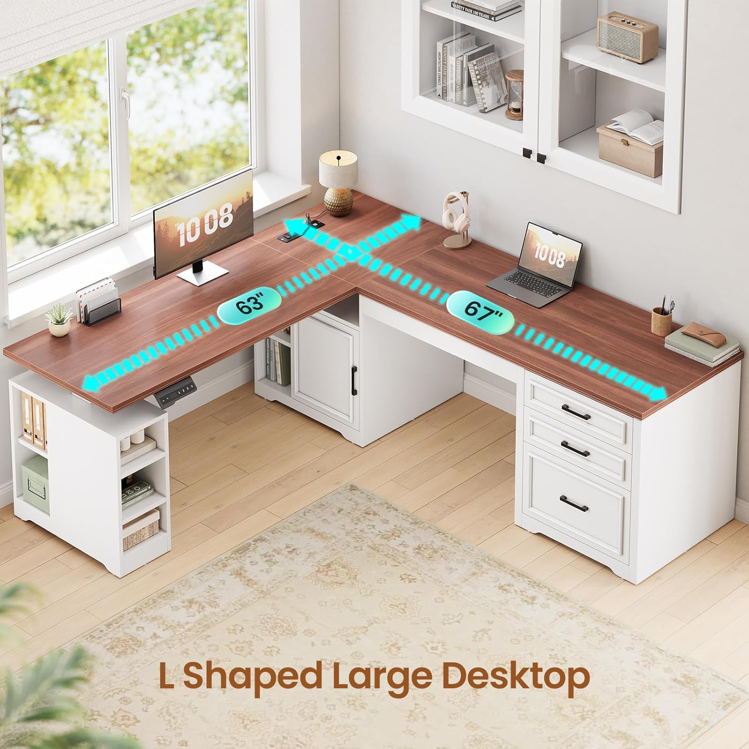SEDETA Farmhouse Standing Desk with Storage, L Shaped Standing Desk with Power Outlets, Height Adjustable Two Person Desk with Drawers & Cabinet, Large Home Office Desk with Open Shelves, White