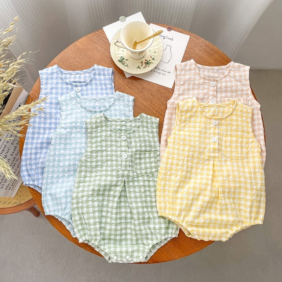 LYMAYTER 3-24M ‌Baby Girl Summer Outfit Sleeveless Button Plaid Romper Bodysuit‌