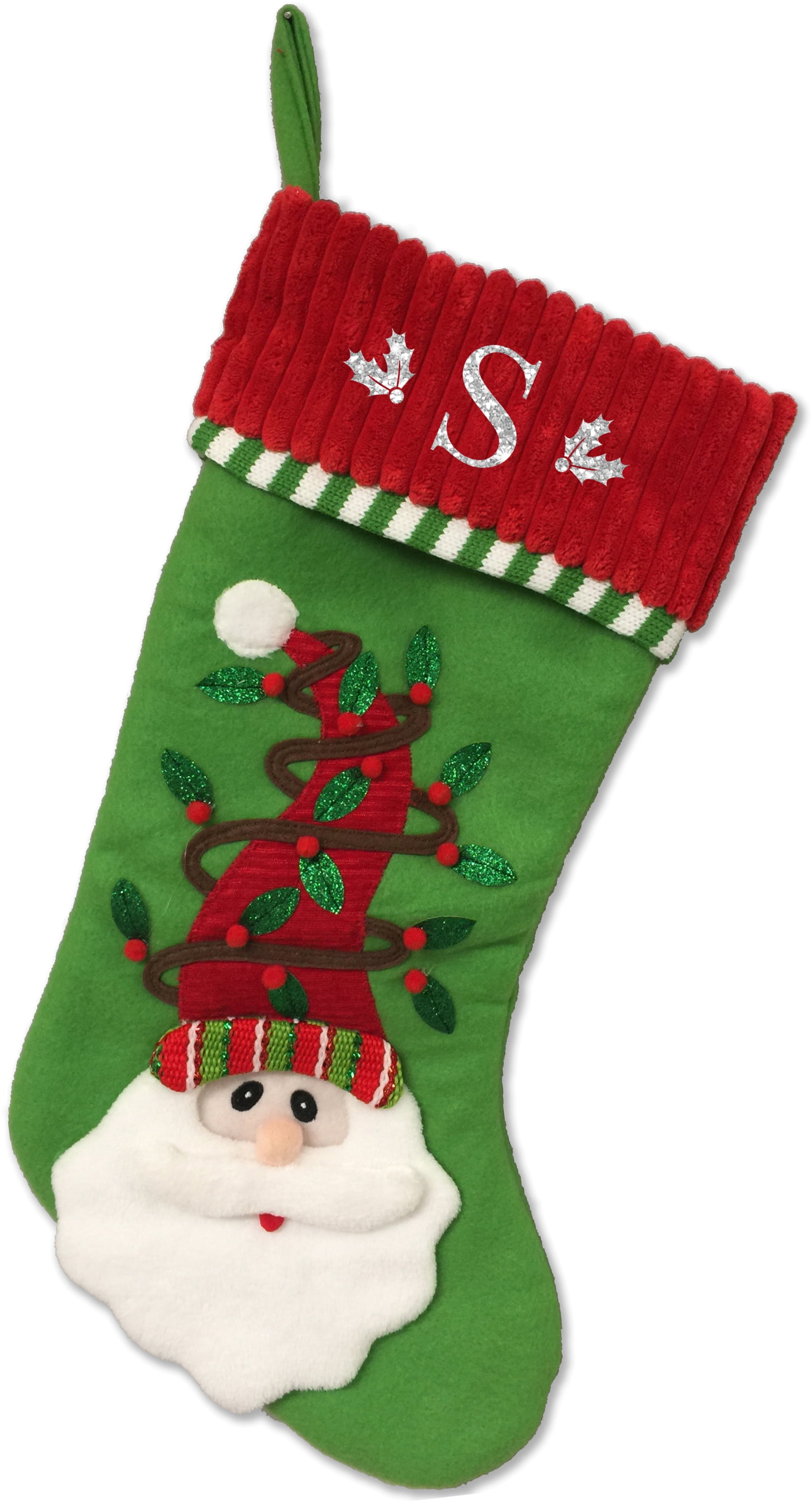 Monogrammed Christmas Stocking, Santa with Applique Leaves with Serif ...