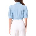 thumbnail image 3 of INSPIRE CHIC Women's Bow Tie Solid Color Puff Short Sleeve Button Down Bodysuit Blouse L Sky Blue, 3 of 6