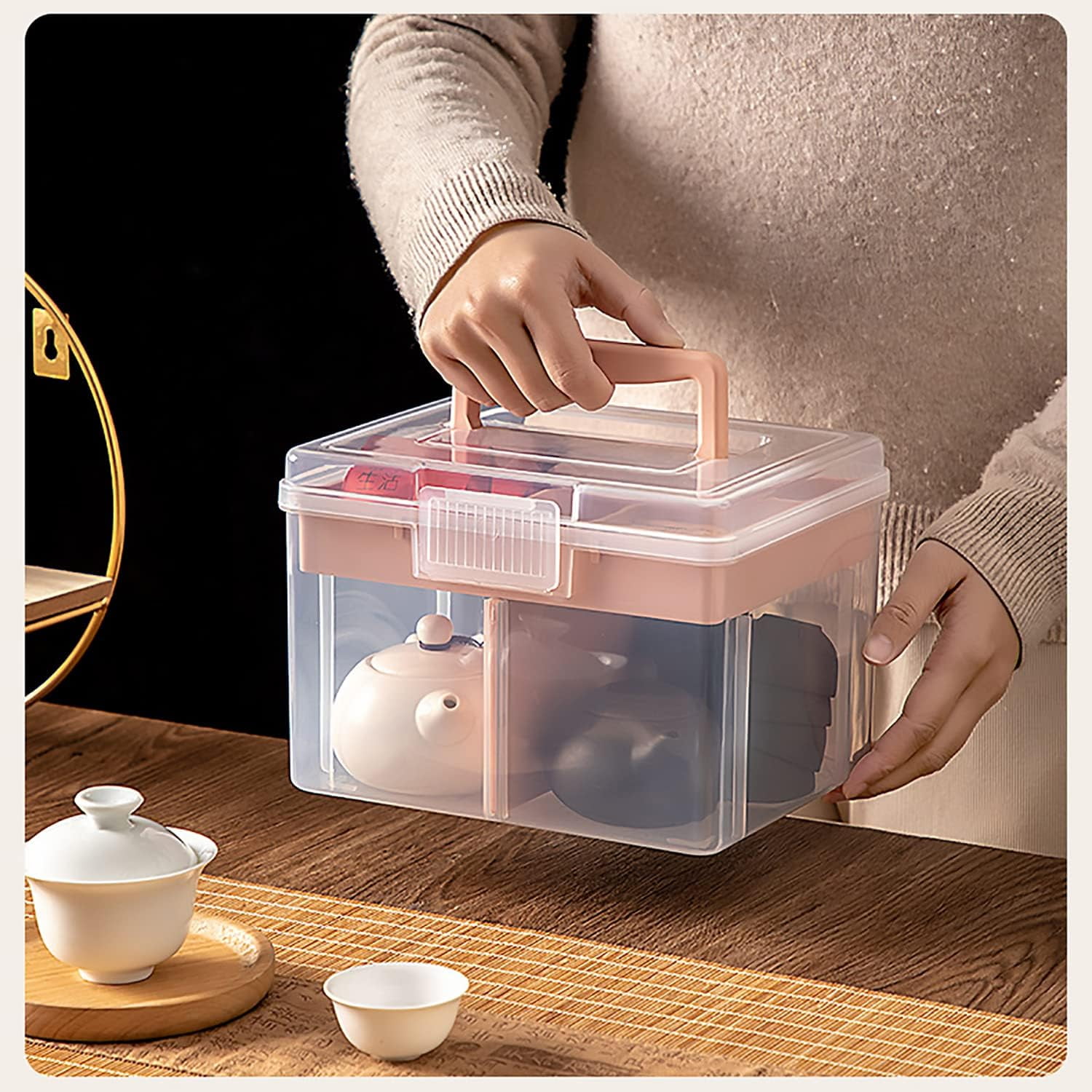 ABPETE Small Portable Plastic Storage Box for Beauty Ornaments Hair Nail Accessories, Cosmetic Case with Handle & Removable Tray & a Divider, Sewing Box Organizer, Kids Art Box (Clear & Pink)