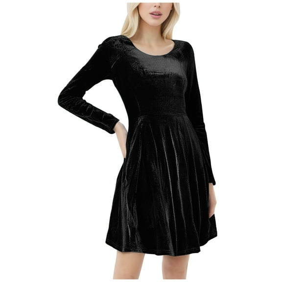Women's High Waisted Velvet Dress Casual Long Sleeve Crew Neck Dress A-Line Flowy Dress With Pockets
