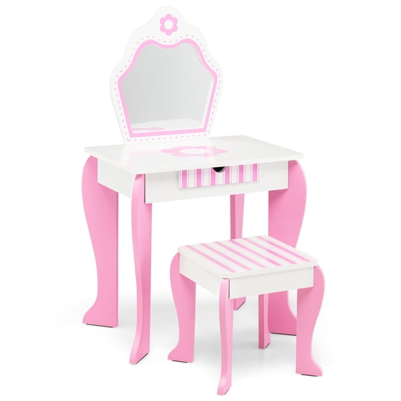 Infans Kid Vanity Set Wooden Makeup Table Stool w/ Mirror Flower Print Pink & White