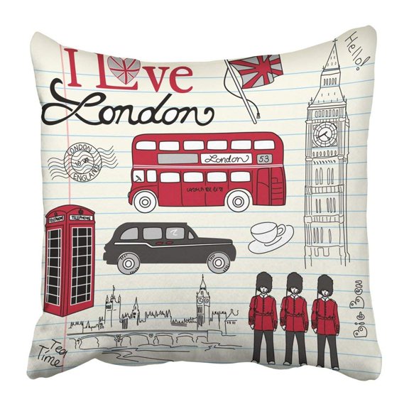 ARTJIA Red England London Doodles Travel Bus Taxi Telephone Love Sketch City Pillowcase 16x16 inch
