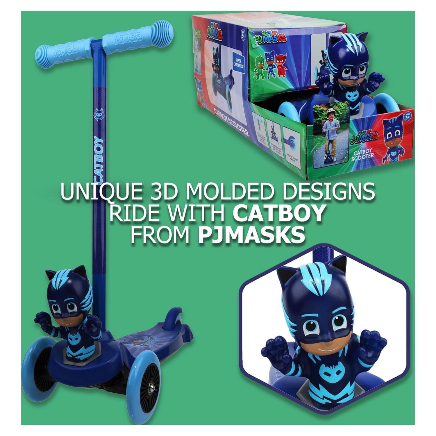 PJ Mask Catboy 3D Scooter with 3 Wheels Tilt and Turn- Blue, For Boys and Girls Ages 3+, Max Weight 75lbs, Foot-Activated Brakes
