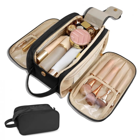 Large Capacity Cosmetic Organizer Travel Makeup Toiletry Bag Waterproof PU Leather with Compartments Expandable 3-Section Portable Handle