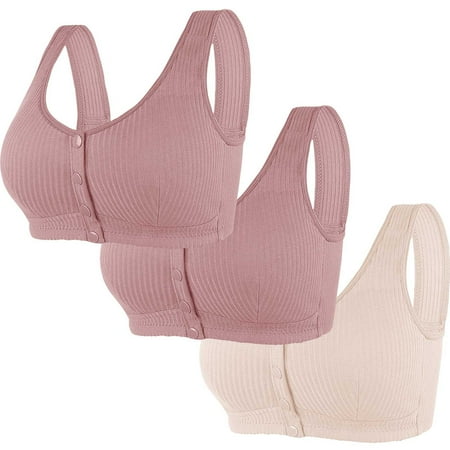 REORIAFEE No Wire Bras for Women 3PC Front Closure Gathered Together No Wire Bras Solid Brassiere Comfy Wide Strap Breathable Corset Underwear Comfortable Classic Support Lingerie Pink L