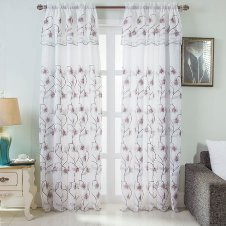 - Brett Floral Embroidered 54 x 84 in. Rod Pocket Single Curtain Panel w/ Attached Valance, White