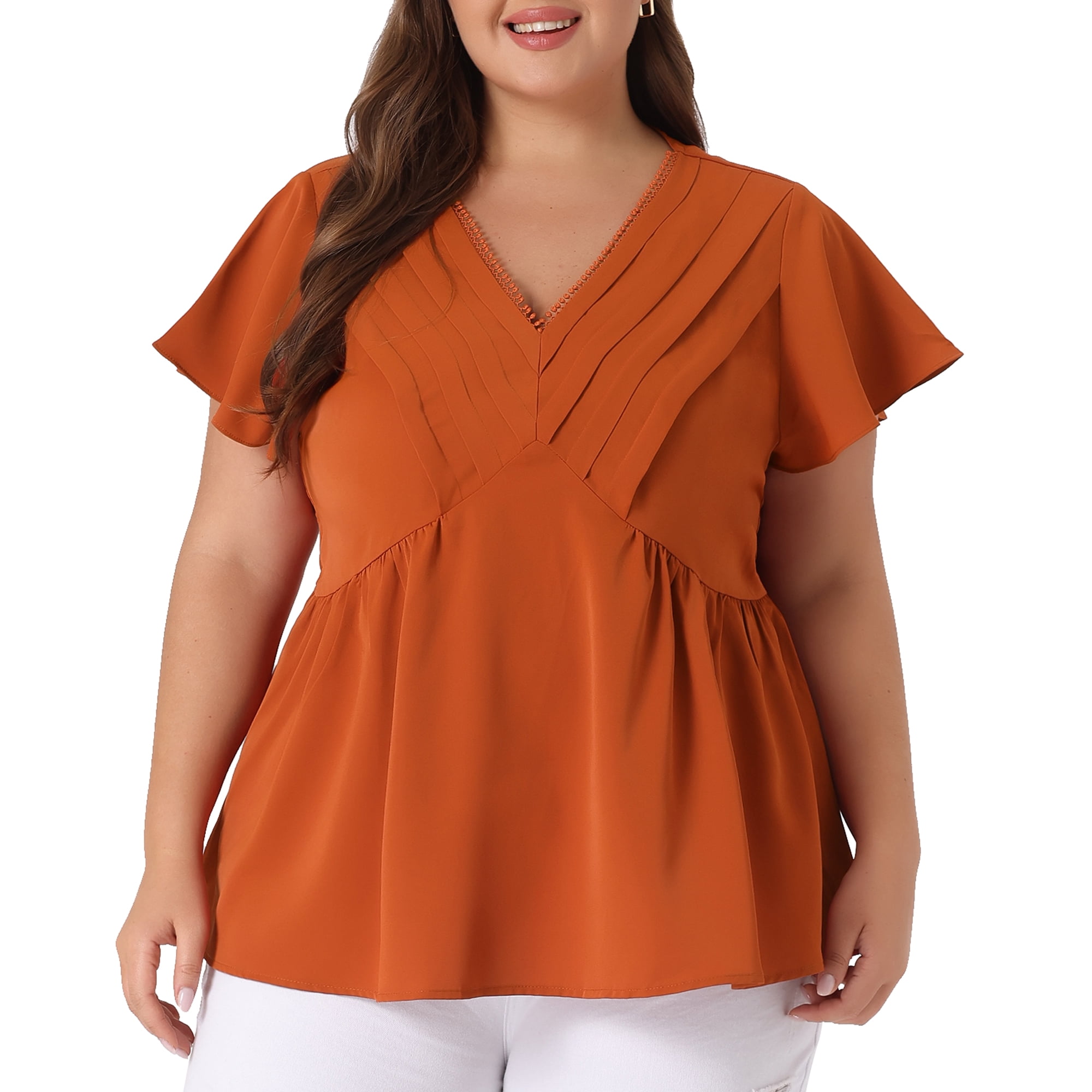 DARING DIVA Women's Plus Flare Sleeves V Neck Lace Front Peplum Blouse 4X Caramel
