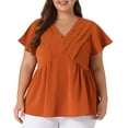 thumbnail image 2 of DARING DIVA Women's Plus Flare Sleeves V Neck Lace Front Peplum Blouse 4X Caramel, 2 of 6