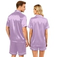 thumbnail image 4 of （Mens） Lightweight Summer Couple Satin Silk Button Down Short Sleeve Top Casual Shorts Matching His Hers Outfit Light Purple XL, 4 of 7