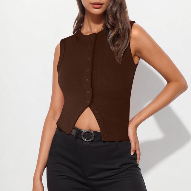 Soki Womens Sleeveless Vest Shirt Round Neck Button Tank Tops