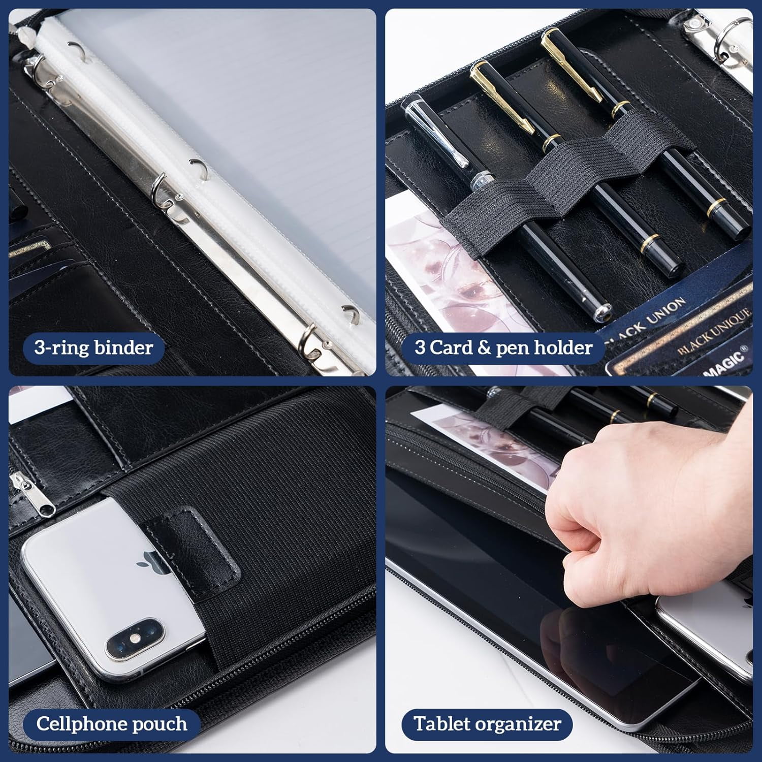 ProCase Portfolio 3-Ring Padfolio Folder Organizer, PU Leather Business Planner A4 Notepad Zipper File Binder Clipboard Removable Document Sleeve for Resume Interview Meeting -Black