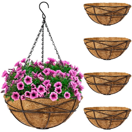 Sorbus 12" Metal Hanging Planter - 4 Pack with Coco Coir Liner for Indoor/Outdoor Decor (Black)
