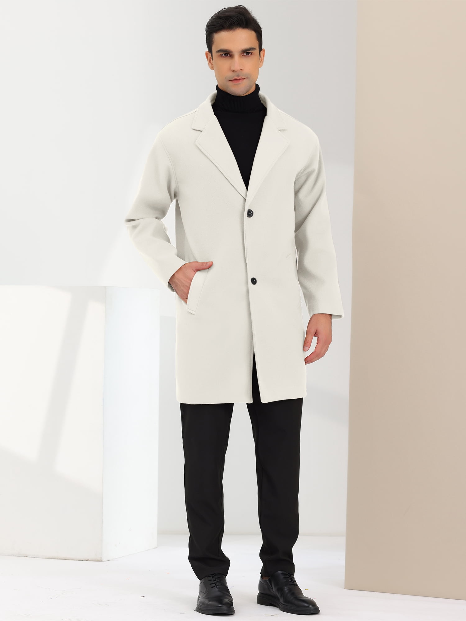 Unique Bargains Men's Winter Trench Coat Notched Lapel Single Breasted Mid-Length Overcoat M Beige
