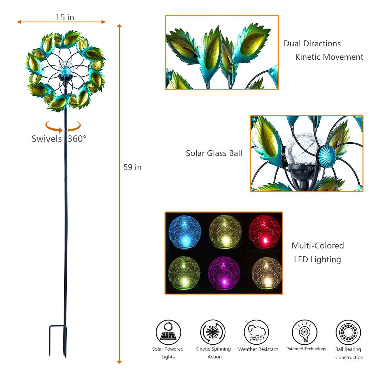 hourflik Solar Wind Spinner 3D Kinetic Wind Spinners Outdoor Metal Gardening Decorations with Multi-Color LED Lighting by Solar Powered Glass Ball with Lawn Ornament Wind Mills 