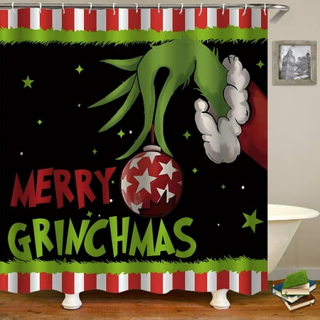 Kufutee Christmas Shower Curtain Merry Xmas Grinch Shower Curtains Sets Waterproof Fabric Washable Decorative Bathroom Curtain 71" x 71" with 12 Hooks (Style D)Z