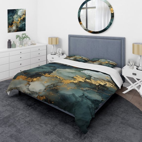 Designart "Abstract Marble Design in Gold and Green I" Abstract Marble Bedding Covert Set - Abstract Gold Modern Bed Set With 2 Shams