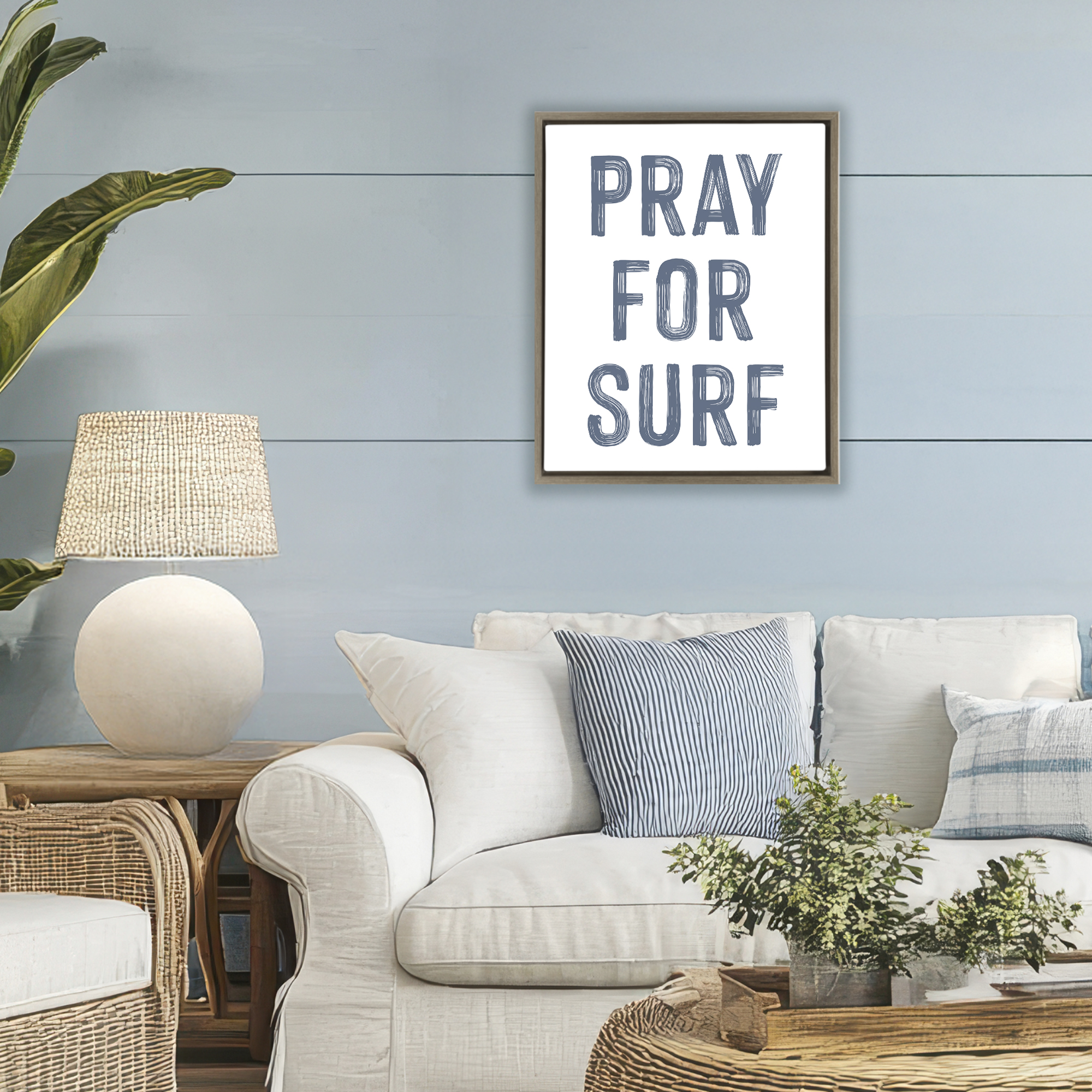 Summer Sentiment Pray For Surf Brown Framed Floater Canvas Wall Art, design by Lettered and Lined