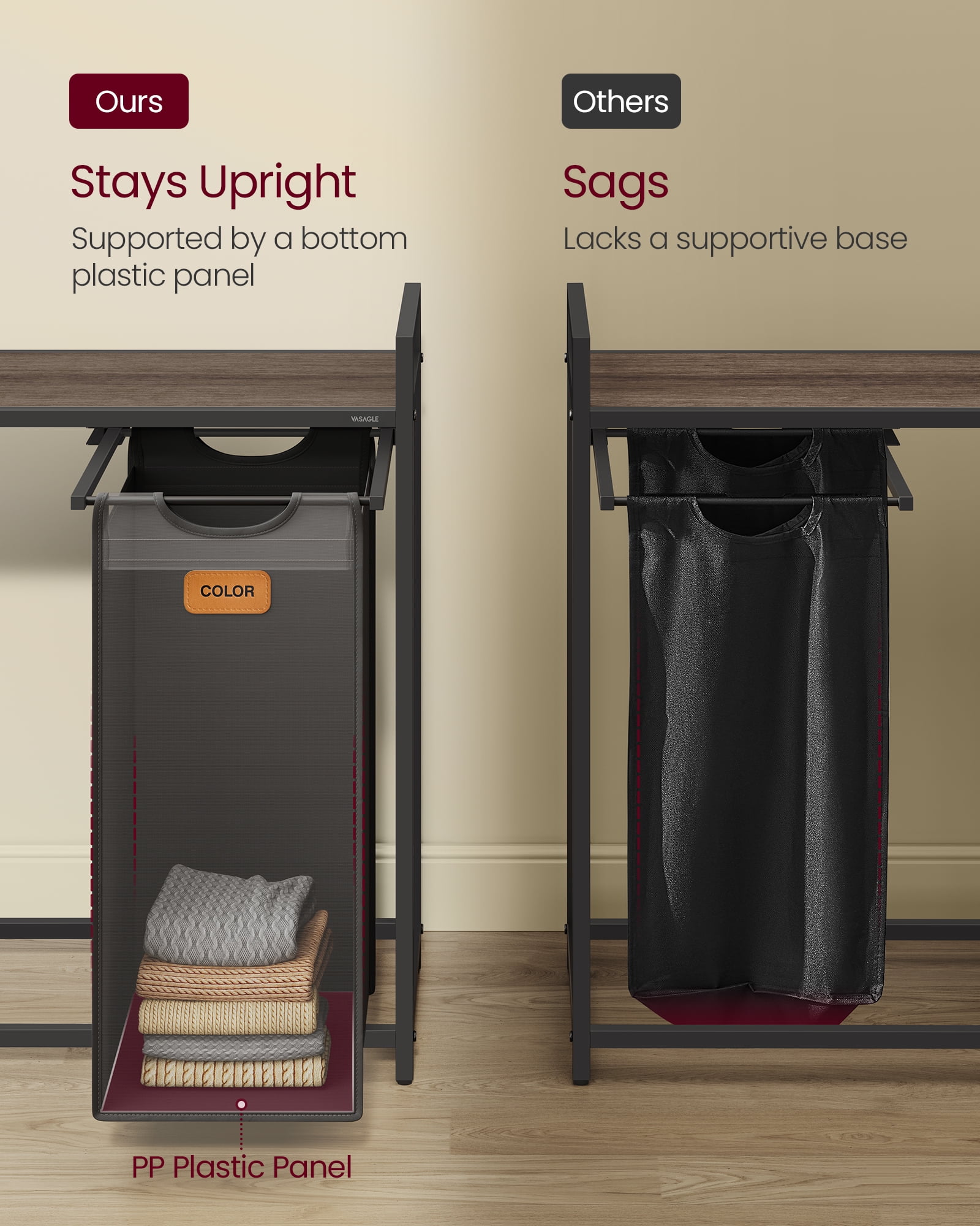 VASAGLE Laundry Hamper, Laundry Sorter Rolling Cart with Shelves,Small Side Pockets,6 Labels,3 Compartments,39.6 Gal. (150 L),Ink Black and Ash Brown