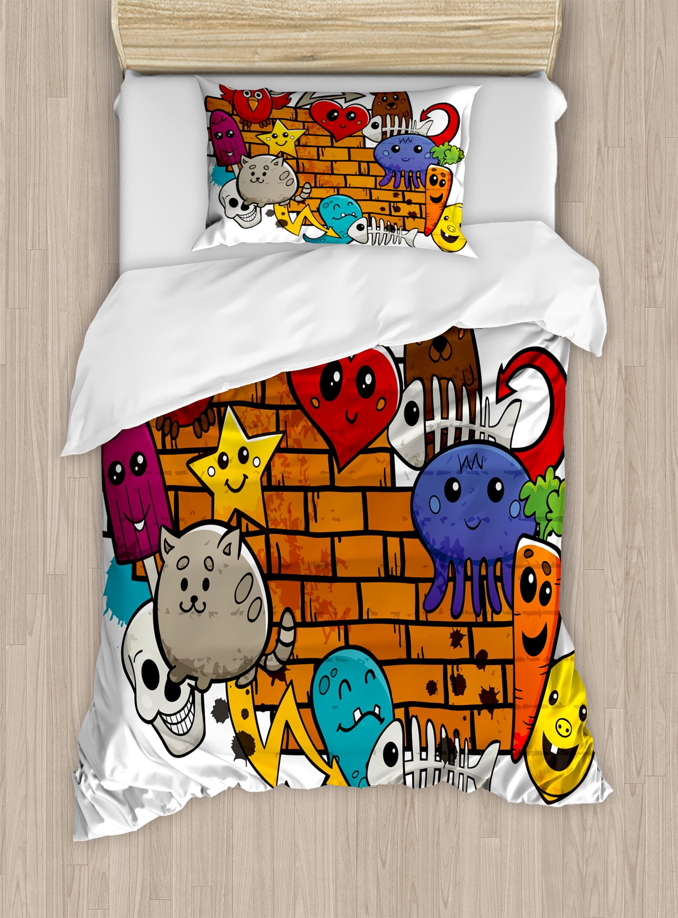 Graffiti Duvet Cover Set Cute Cartoon Animals Stars Fish Skulls Cat Graffiti Duvet Cover Set Cute Cartoon Animals Stars Fish Skulls Cat Bird Figures On Brick Wall Kids Design Decorative Bedding With Pillow Shams