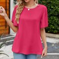 thumbnail image 2 of Camisa de manga corta para mujer, Top con cuello redondo, camisa plisada con manga acampanada, Top holgado de Color puro, rosa rojo XXL, 2 of 5