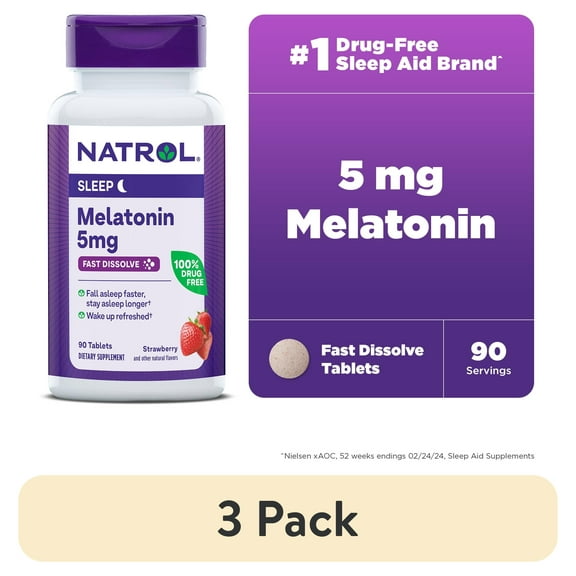 (3 pack) Natrol Sleep Melatonin Fast Dissolve Tablets, Nighttime Sleep Aid, Strawberry Flavor, 5mg, 90 Count