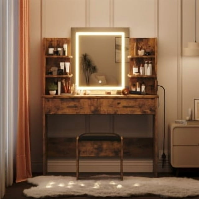 Vanity Desk with Lighted Mirror, Makeup Vanity Set with Power Outlet, Cushioned Stool, Vanity Table with 6 Storage Shelves, 2 Large Drawers and 3 Color Light Adjustable Brightness, Pink