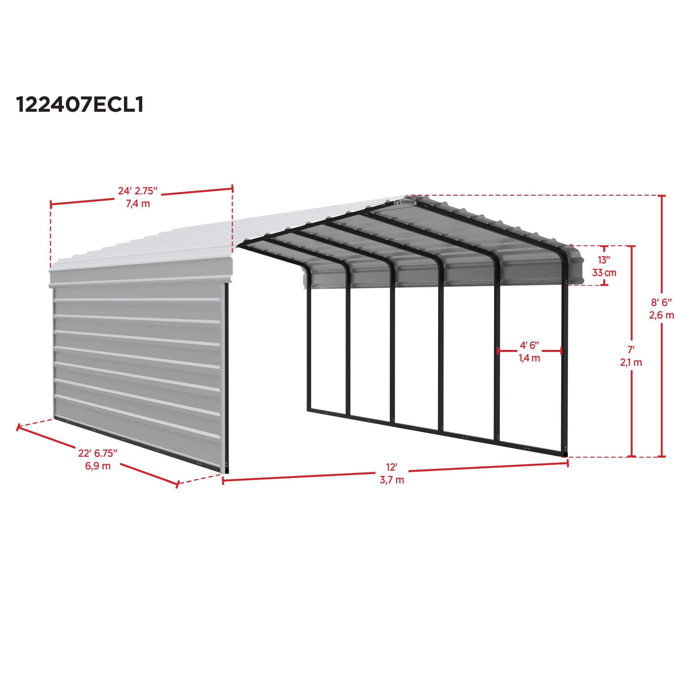 Arrow 12 x 24 x 7 ft Charcoal Carport With 1 Side Wall Kit