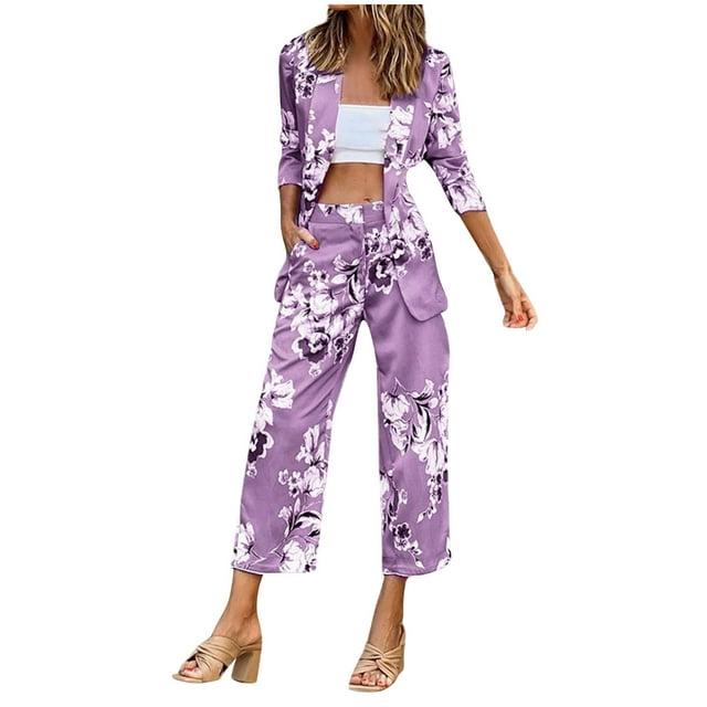 Conjunto de traje con pantalones capri y bolsillos sueltos de manga larga con botones estampados de dos piezas para mujer a la moda Wmkox8yi bvn324