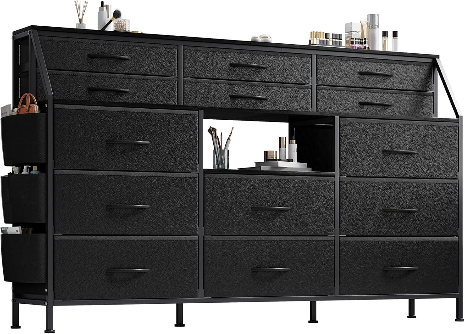 Dresser for Bedroom with 14 Drawers, 55" W Dresser with Side Pocket, Fabric Dressers & Chests of Drawers with Shelves, Sturdy Frame, Wood Top
