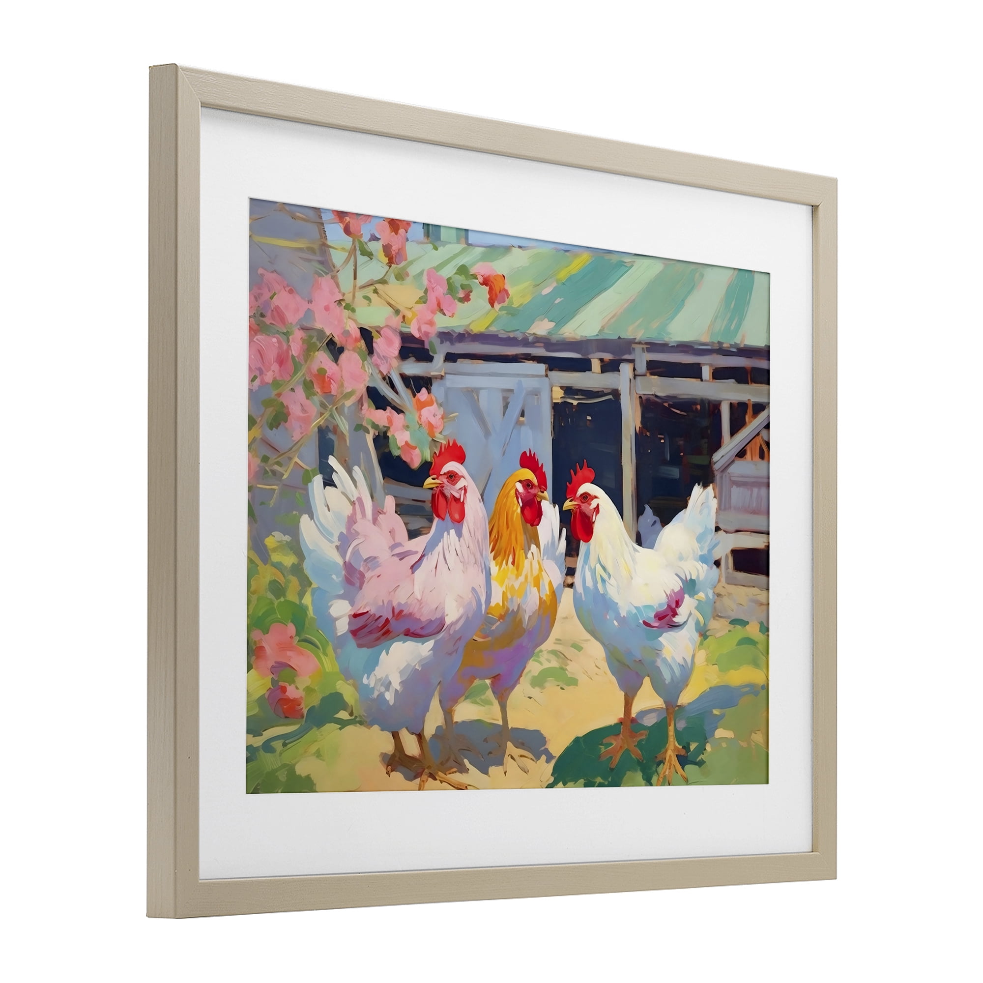 Stupell Industries Colorful Chickens in Sunlit Yard Birch Framed Print Under Glass, design by Creative Studio
