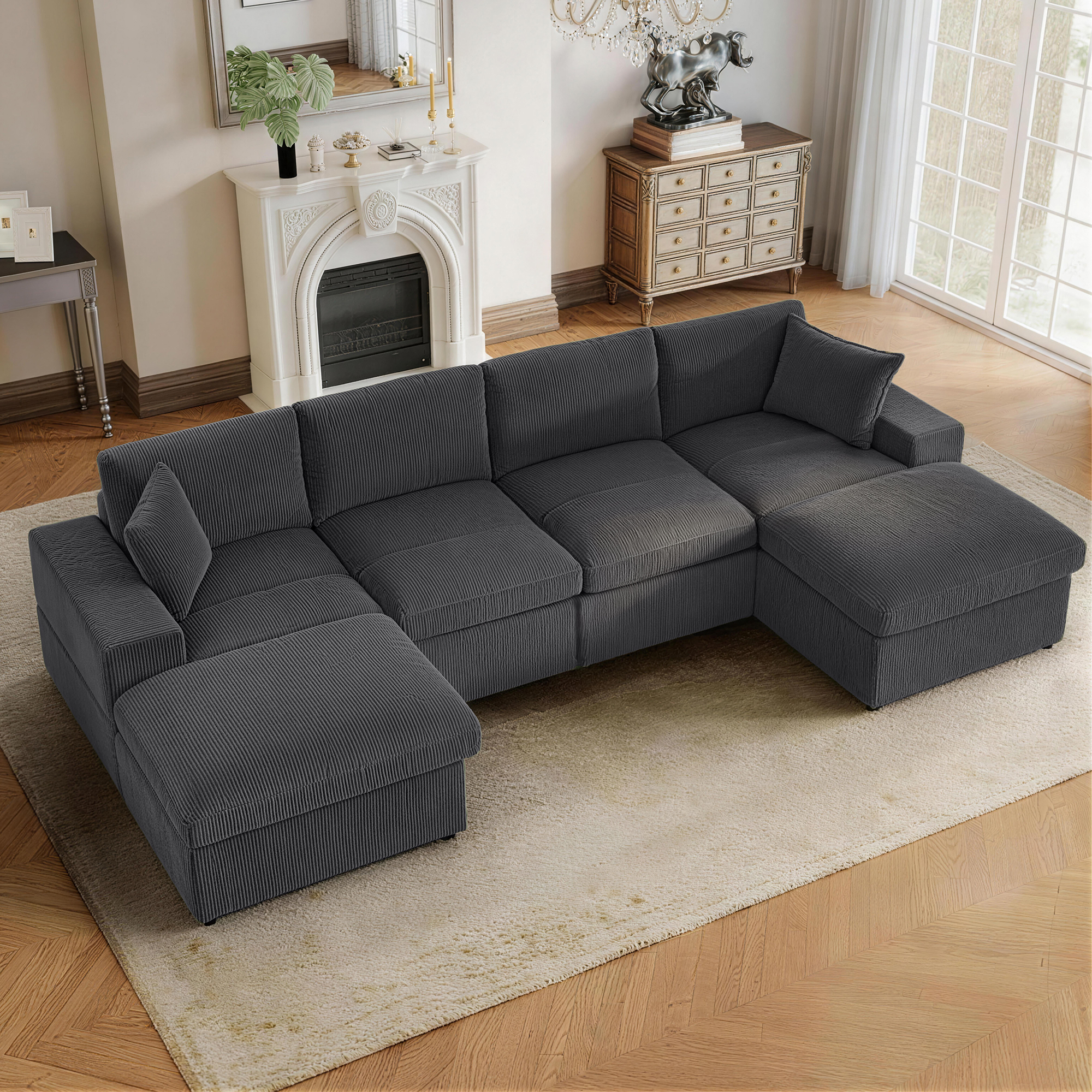 AENKYO U-Shaped Modular Sectional Sofa, Deep Seat Convertible Couch with Chaise for Living Room,Dark Gray