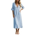 thumbnail image 2 of Ayolanni Short Sleeve Sundresses for Women Solid V-Neck Cotton Flutter Sleeve Maxi A-Line Dress Elegant Vacation Hollow Out Flare Casual Sundress Blue L, 2 of 7