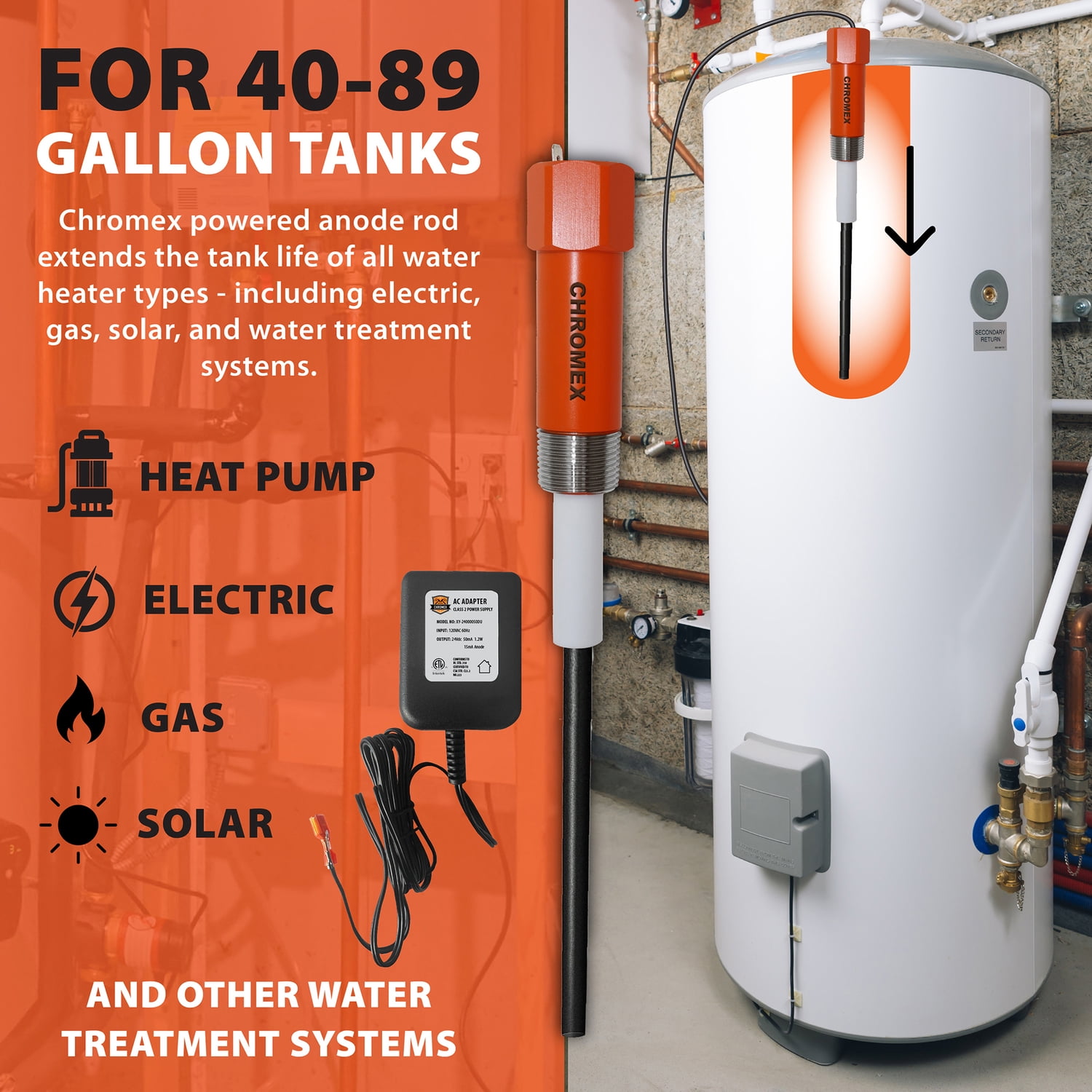 Chromex Powered Titanium Anode Rod for Most 40- to 89-Gallon Water Heaters, Removes Sulfur/Egg Smell, Corrosion, and Scale