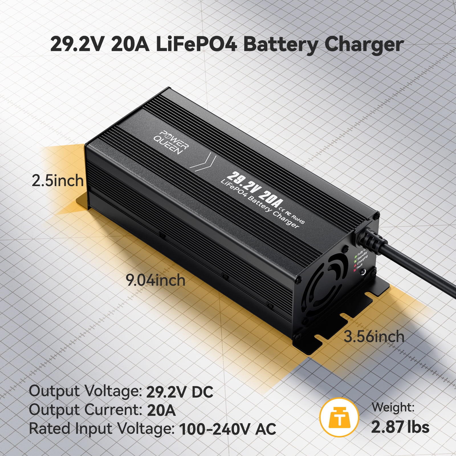Power Queen 29.2V 20Amp Lithium Charger Smart Automatic Rechargeable For 24V LiFePO4 Battery