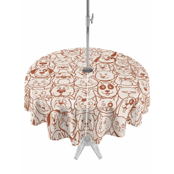 Outdoor Tablecloth with Umbrella Hole for Patio/Picnic/Party/Camping, Orange Cute Dog Cat Waterproof Table Cloth Round Cover Washable, Cartoon Animals (Dia 54")