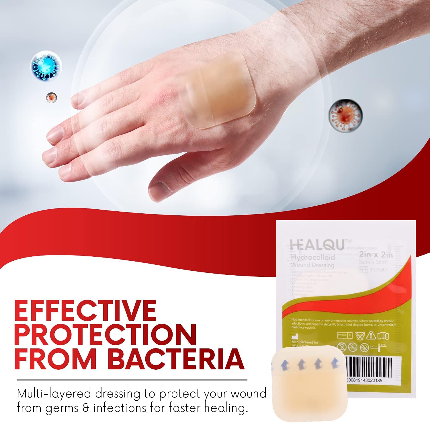 Healqu Hydrocolloid Wound Dressing - 6x6" Box of 10 Sterile Bordered Bandages - Large Waterproof & Absorbent Patches for Bed Sores, Abrasions, and Wound Care
