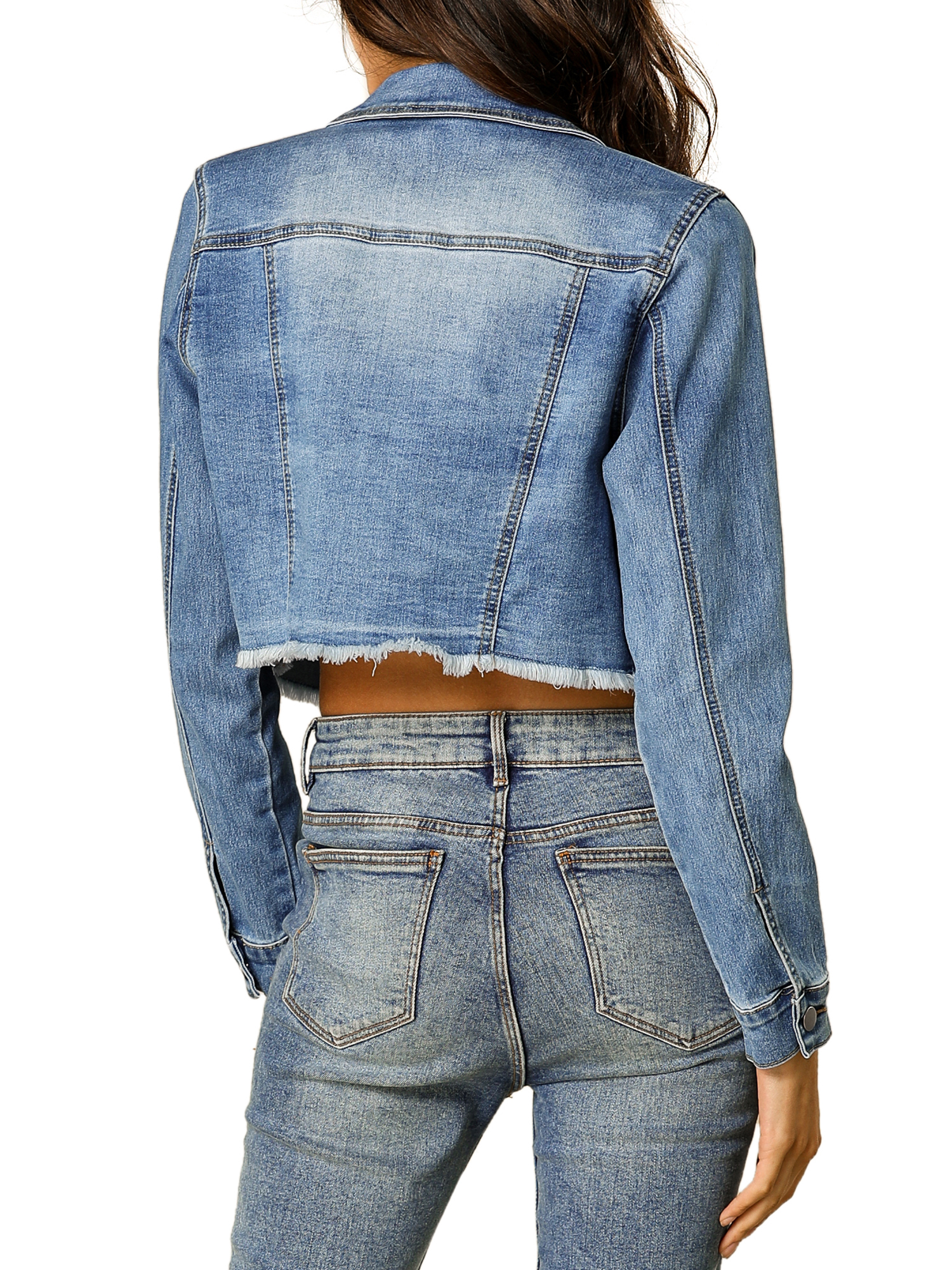 Unique Bargains Women's Jean Jacket Frayed Button Up Washed Cropped Denim Jackets XS Light Blue - image 3 of 7