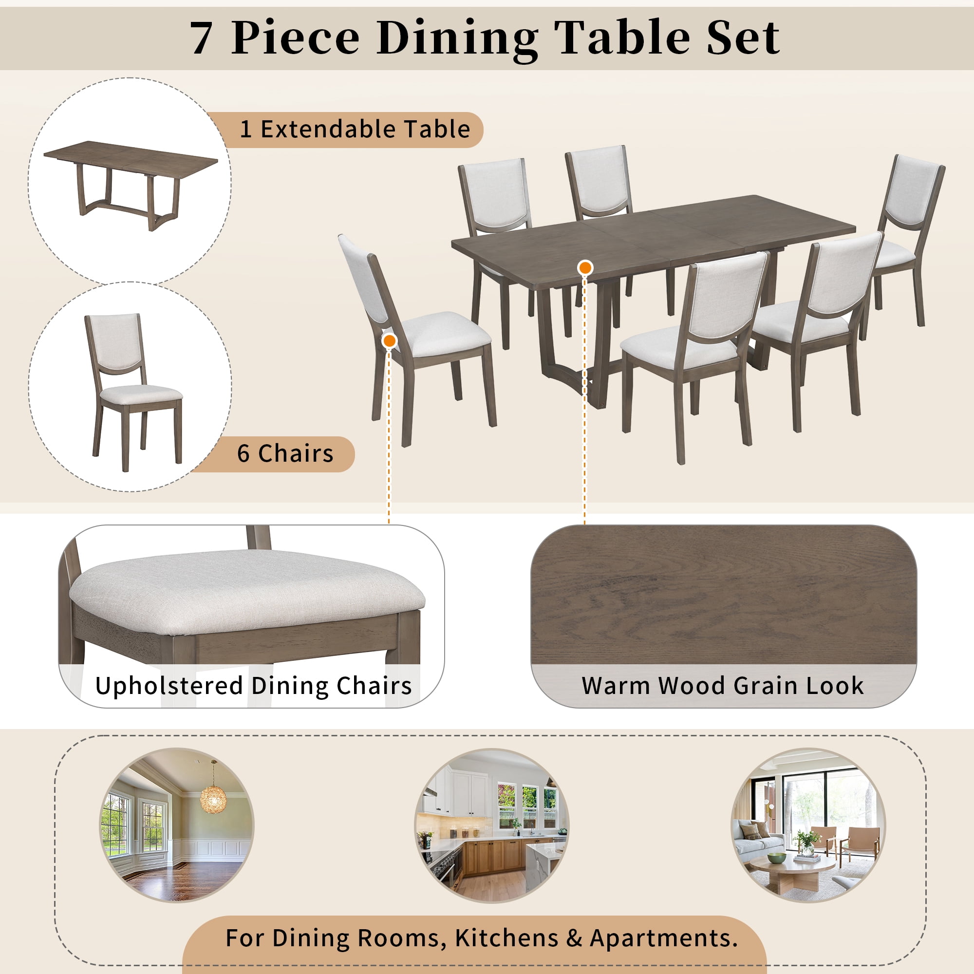 7-Piece Dining Table Set for 6, 60"-78" Rectangular Extendable Table with 6 Upholstered Chairs