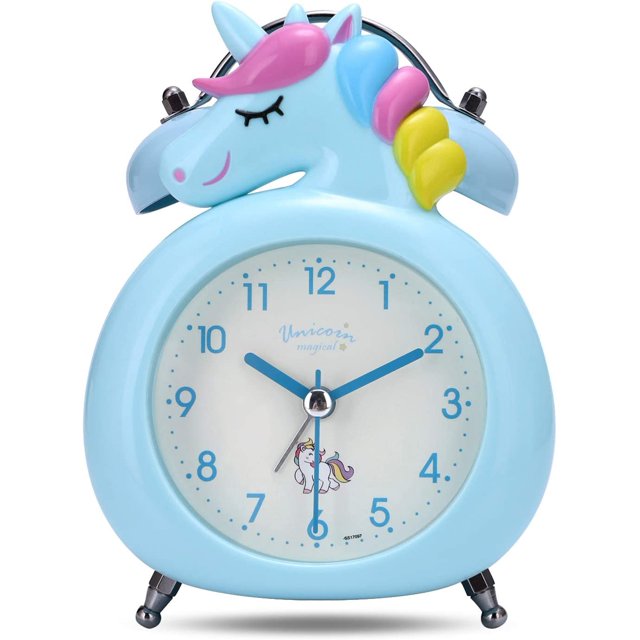 Reloj despertador analógico con diseño de unicornio rosa, reloj despertador para niños, silencioso por la mañana, doble campana, reloj de mesa silencioso con luz nocturna (azul) ER
